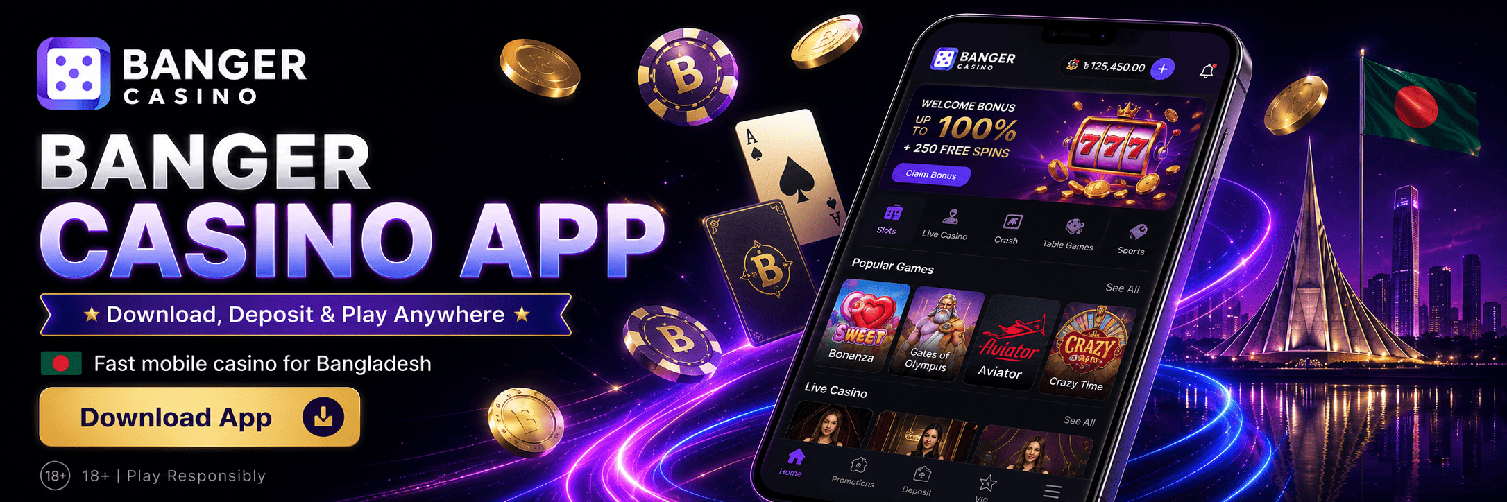 Banger Casino app banner with smartphone interface, casino games, Bangladesh flag, and download button