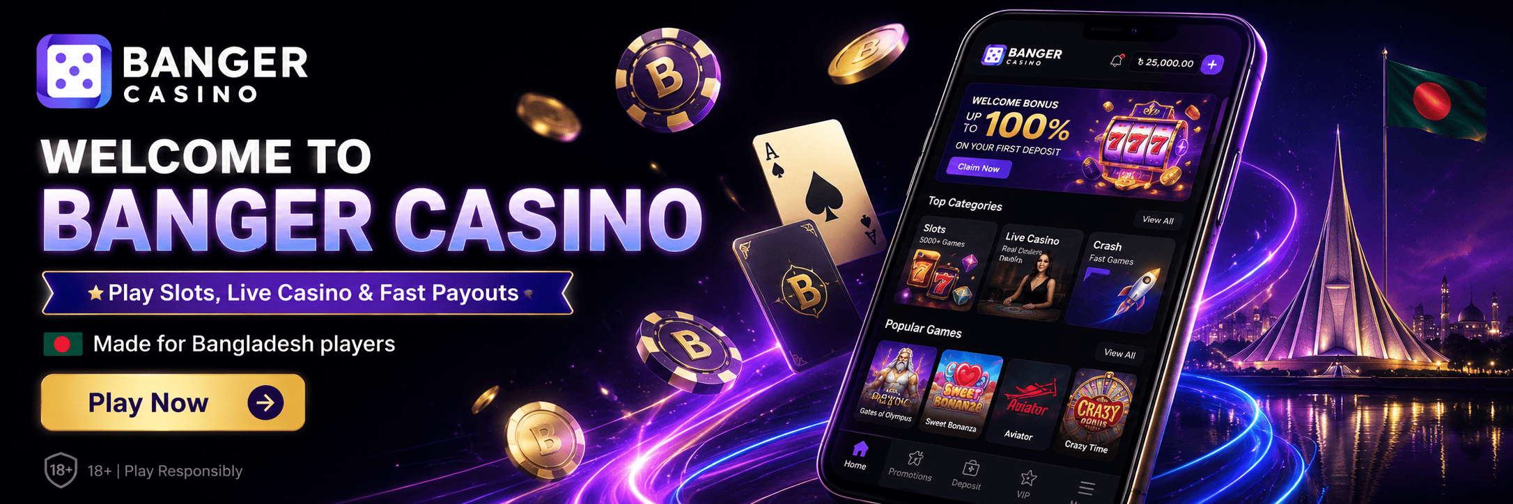 Banger Casino homepage banner with mobile casino app, Bangladesh flag, live games, slots, and fast payouts