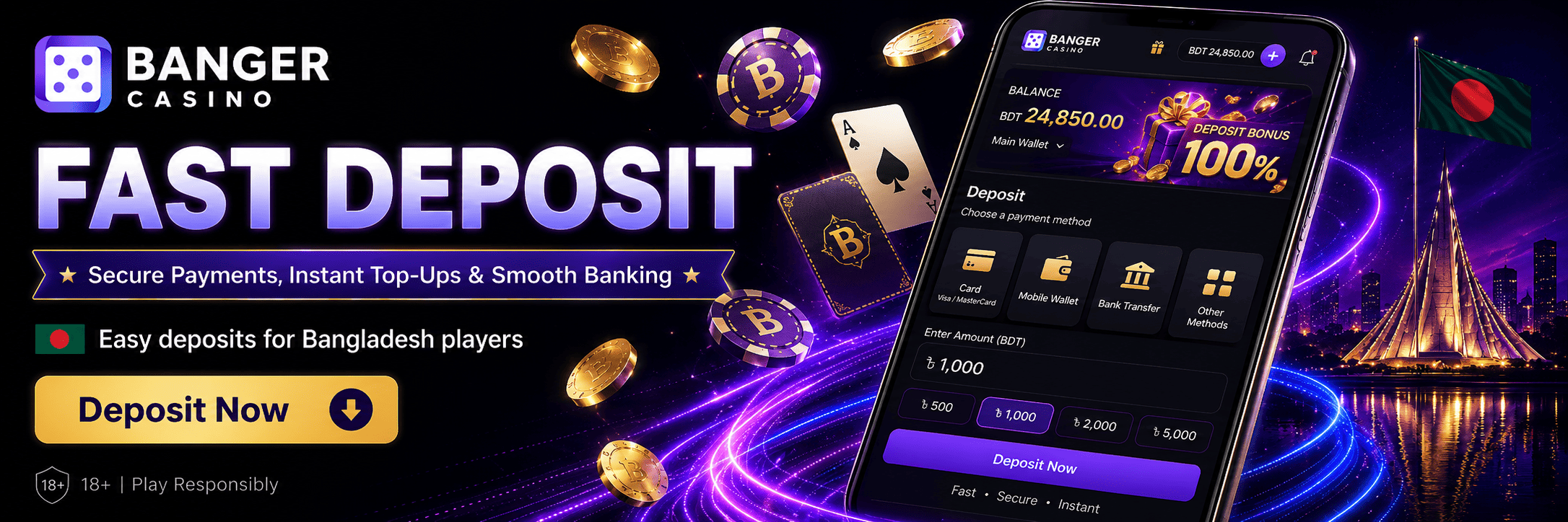 Banger Casino deposit banner with fast deposits, BDT balance, payment methods, smartphone app, and Bangladesh flag