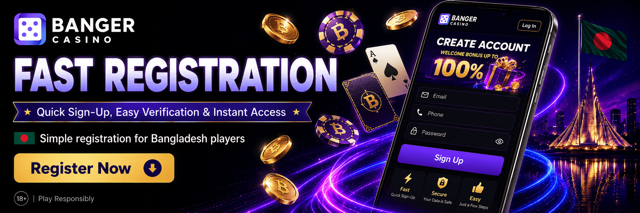 Banger Casino registration banner with sign-up form, 100% welcome bonus, smartphone app, coins, and Bangladesh flag