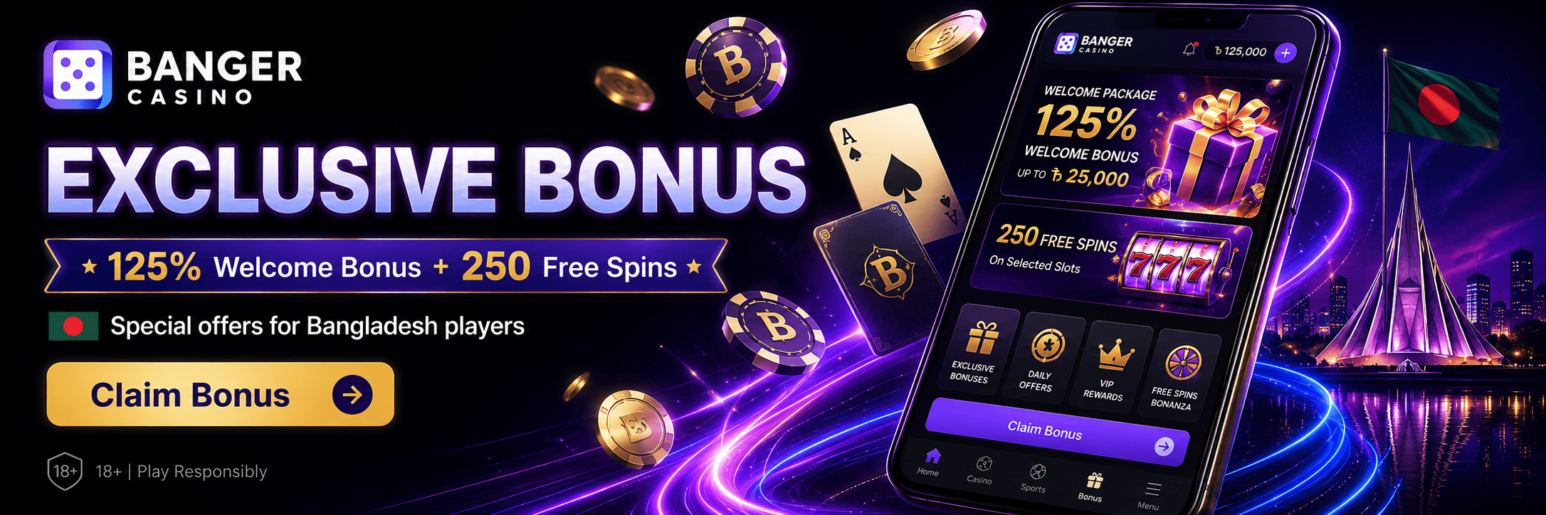 Banger Casino bonus banner with welcome bonus, free spins, gift box, coins, and Bangladesh flag